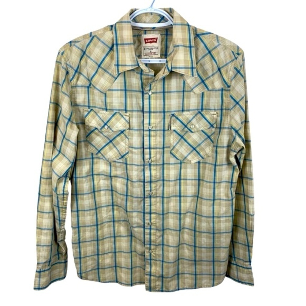 Levi's sz S White Tab Western Blue Beige Plaid Men's Modern Shirt Pearl Snaps